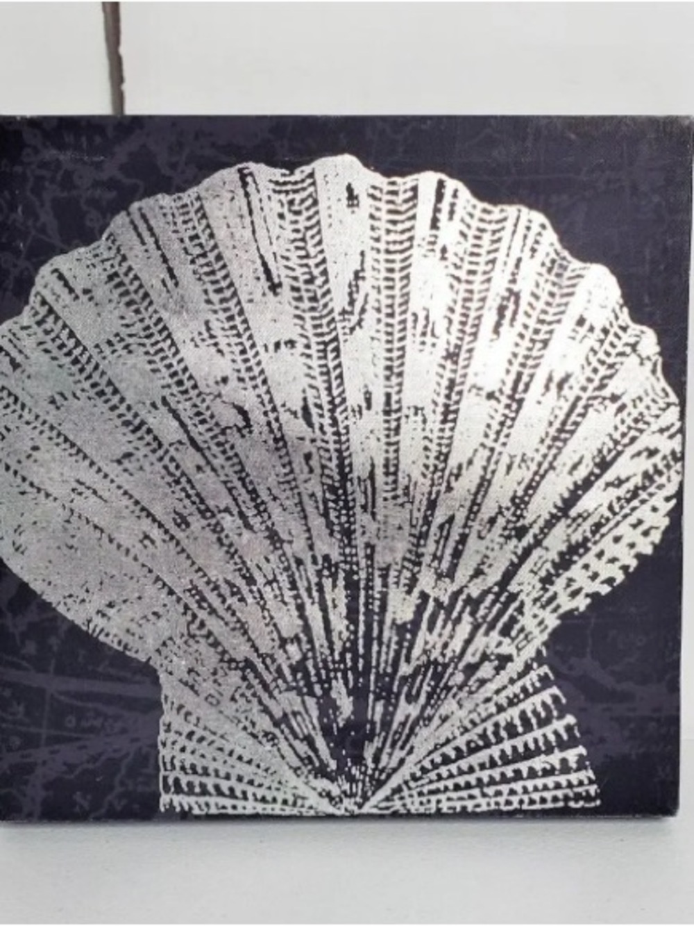 Nautical Metallic Silver Scallop Seashell Canvas Square Wall Art Decor